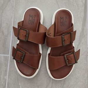 Miz Mooz Peyton Leather Slip On Platform Sandal Brown and White Size 37